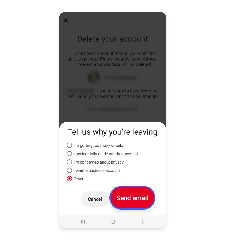 delete pinterest android send email