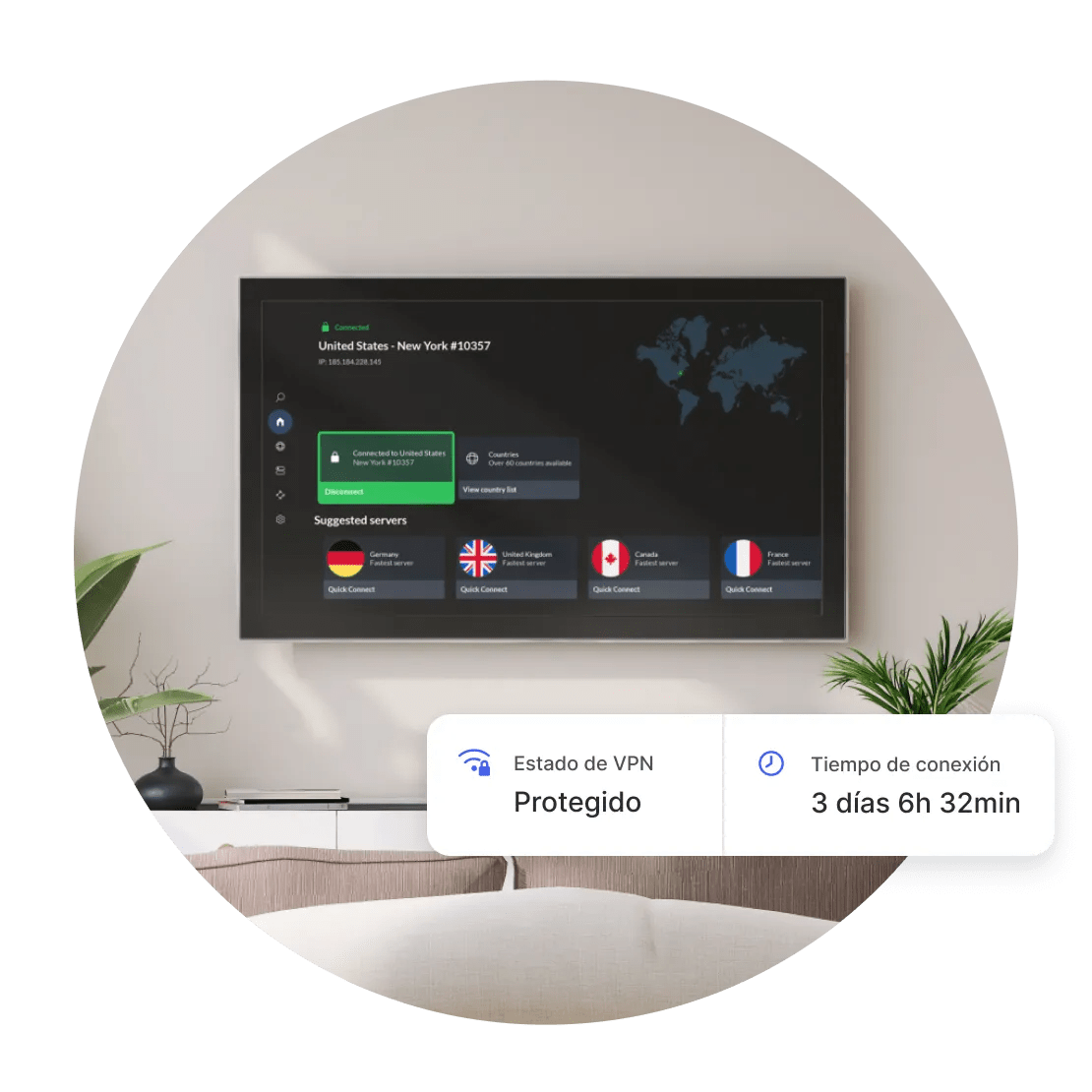 Un televisor conectado a un servidor NordVPN, protegido contra amenazas durante 3 días, 6 horas y 32 minutos.