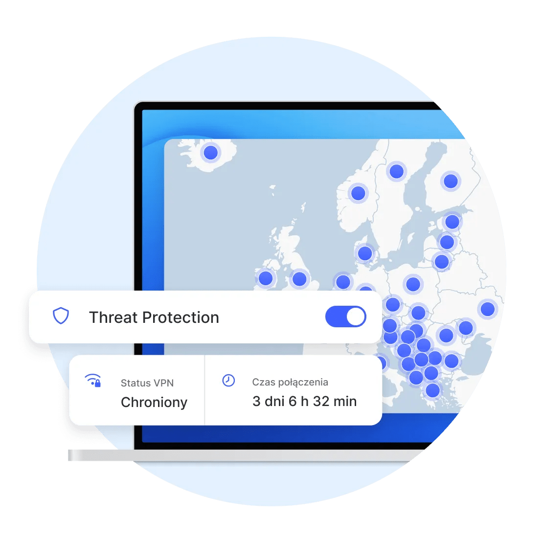 Aplikacja NordVPN na laptopie z włączoną funkcją Threat Protection Pro.