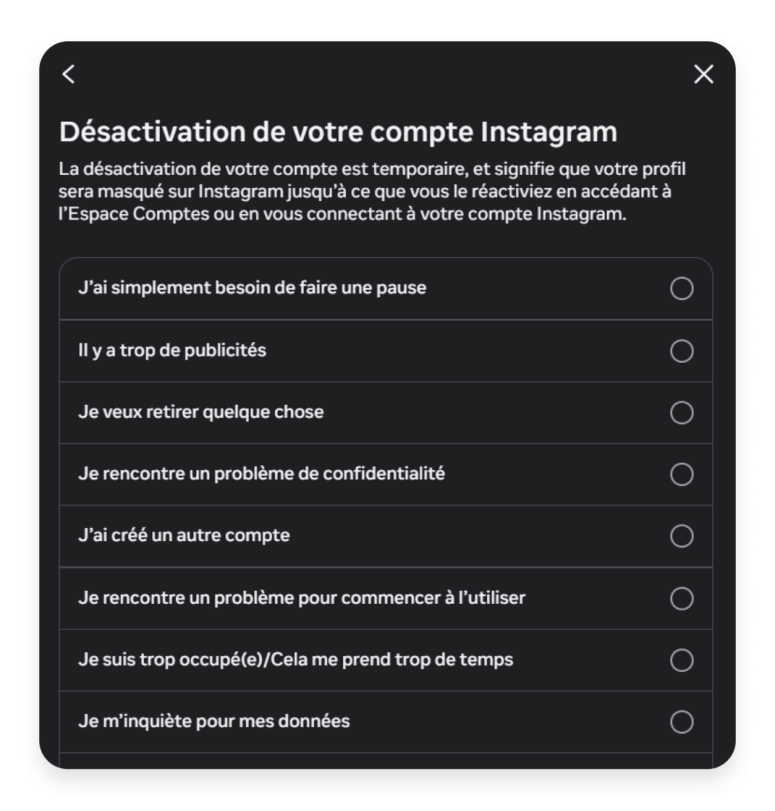 Désactivation d&#39;un compte Instagram via un ordinateur : confirmer le motif de désactivation du compte