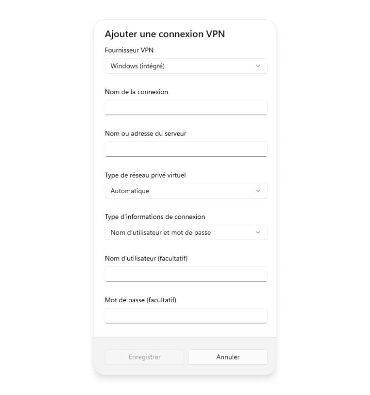 Configuration manuelle d&#39;un VPN sur PC : informations à remplir sur la connexion VPN