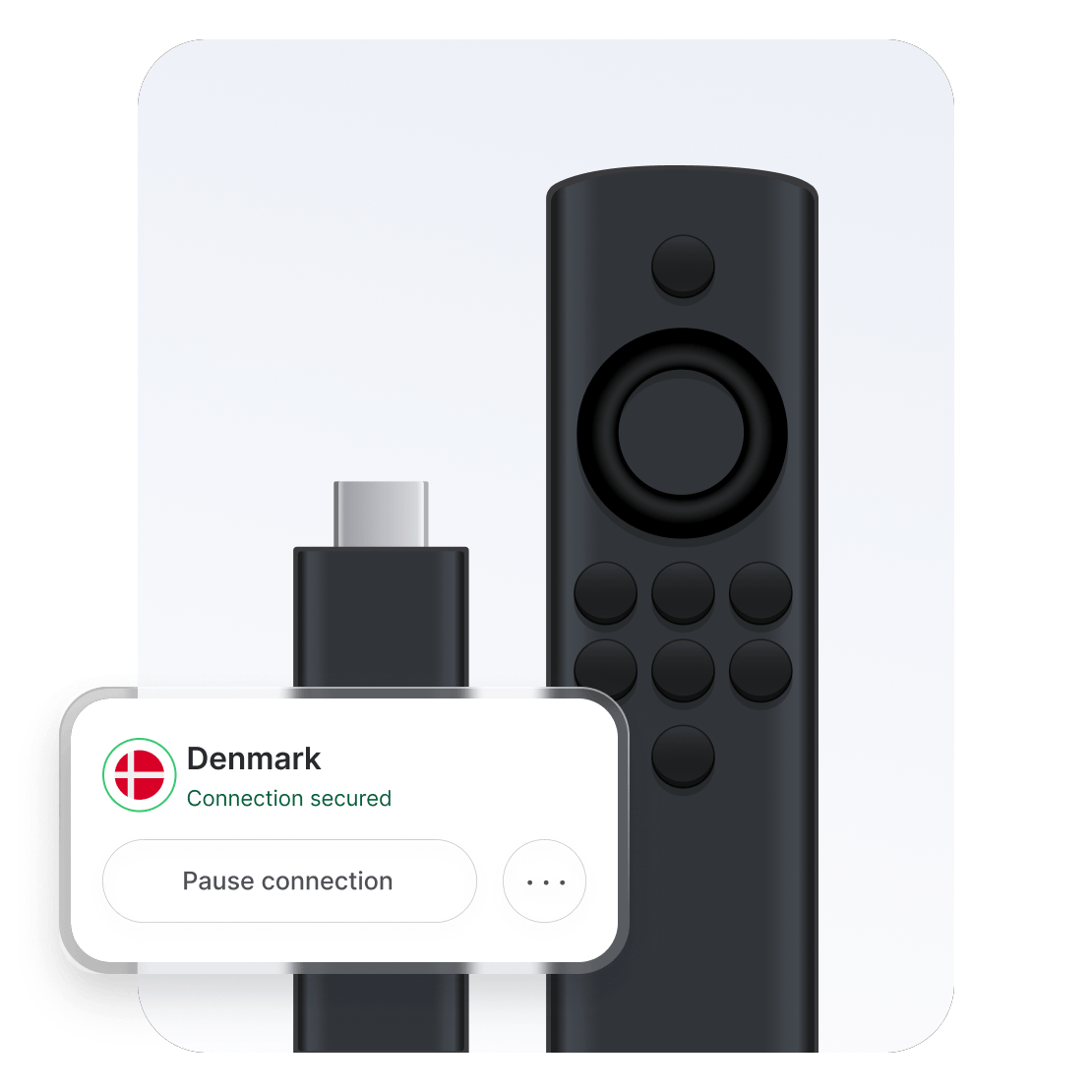 En Amazon Fire TV Stick-enhed, der er forbundet til en af NordVPN&#39;s servere i Danmark.