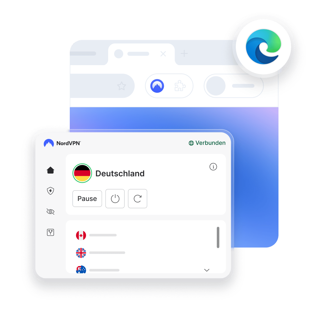 Ein Computerbildschirm, der ein VPN im Microsoft-Edge-Browser für sicheres Surfen im Internet zeigt