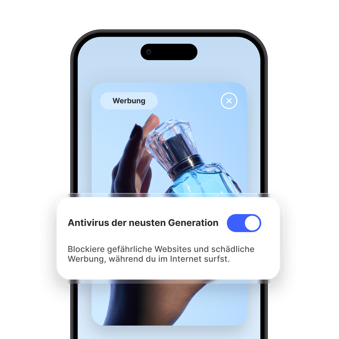 Ein Smartphone-Bildschirm, auf dem eine Parfüm-Anzeige zu sehen ist, während die NordVPN-Werbeblocker-Funktion aktiviert ist.