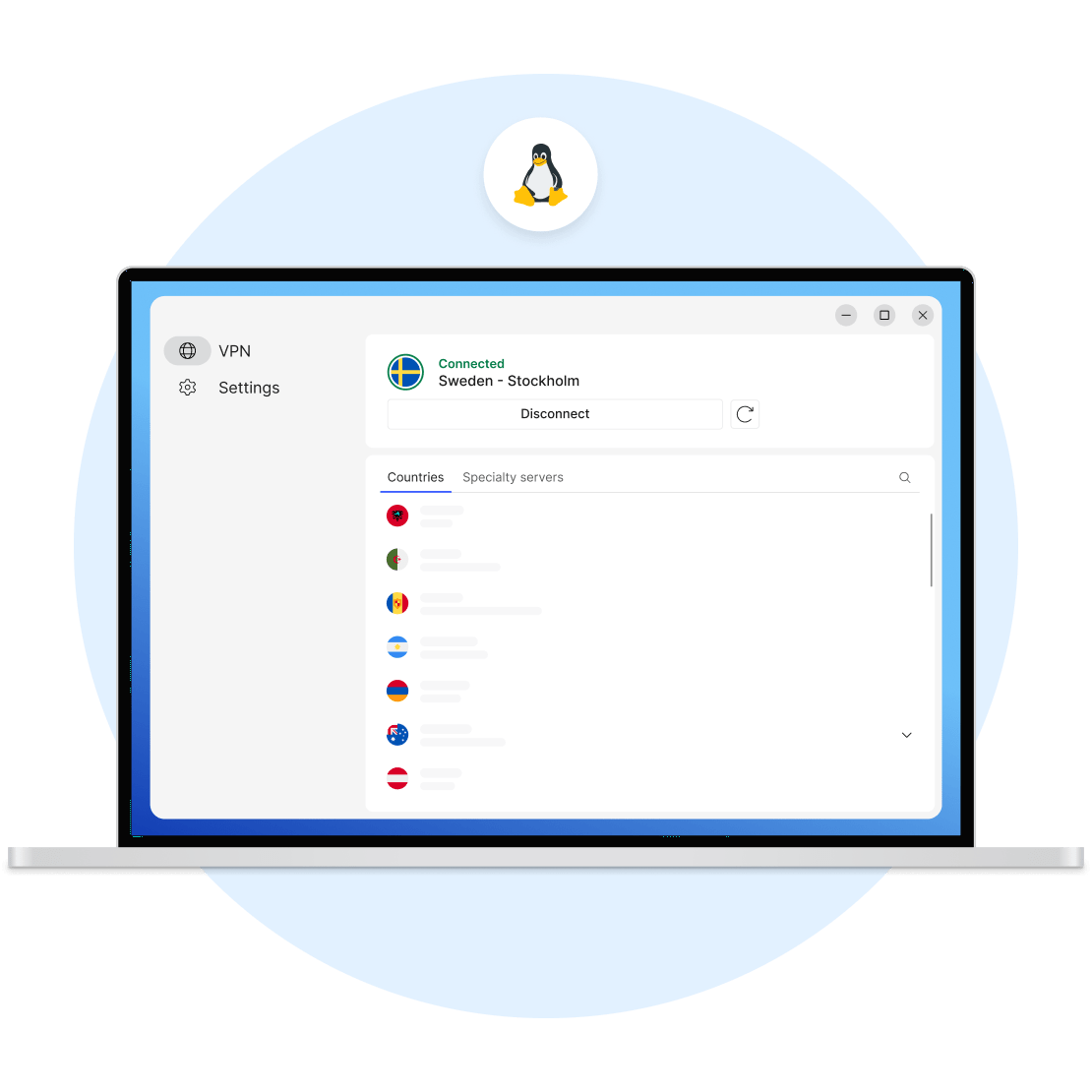 En laptopskärm som visar NordVPN:s servrar i olika länder – ett alternativ till ett gratis VPN för Linux.