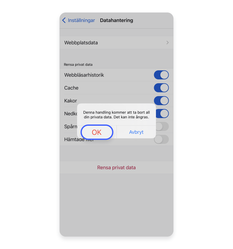 Tryck på Rensa privat data och bekräfta.