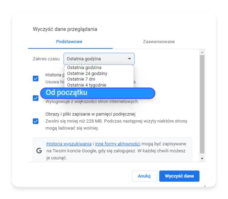 zakres czasu usuwania historii przeglądania