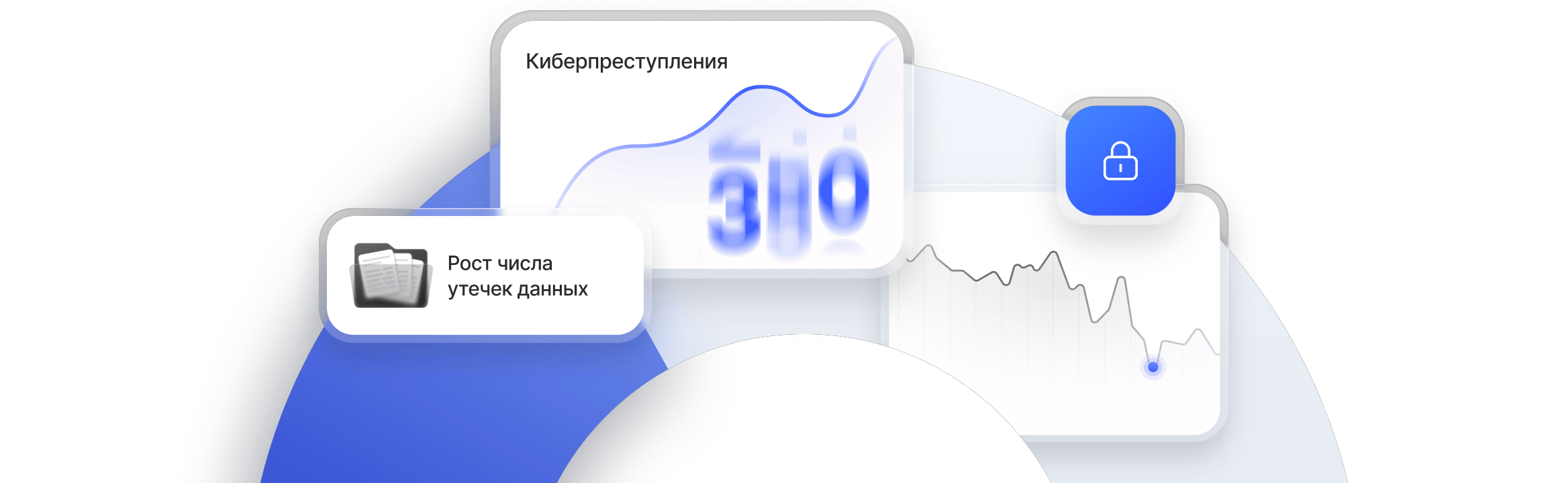 Панель мониторинга киберпреступности, где отображается рост утечек данных и тенденции в безопасности рядом со значком замка, символизирующим защищенность.