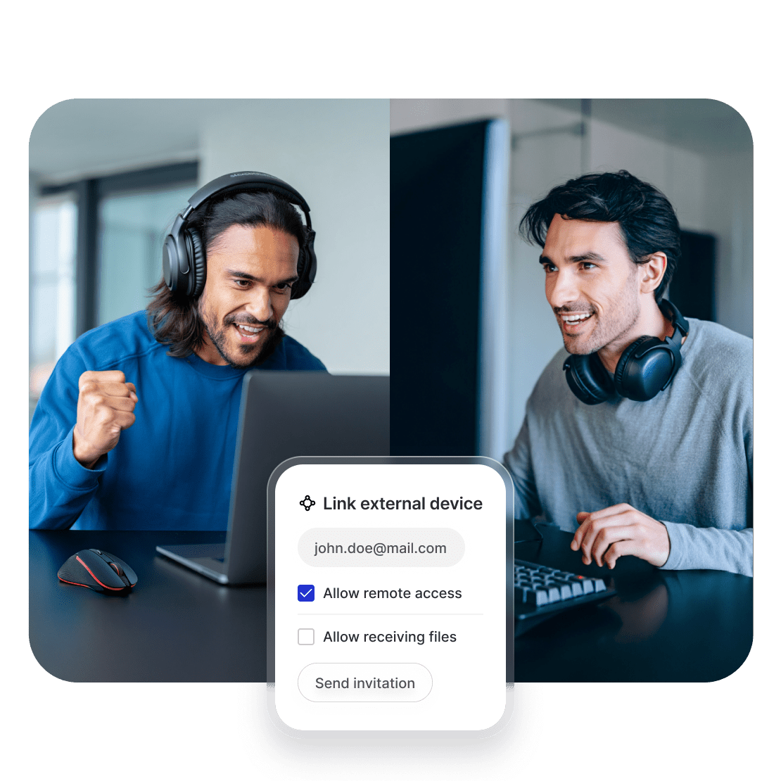 Two players have a LAN gaming party using NordVPN’s Meshnet feature.