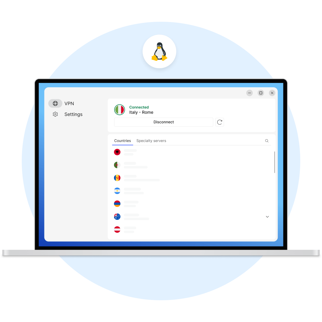 Lo schermo di un laptop che mostra i server nazionali di NordVPN: un&#39;alternativa per una VPN gratuita per Linux.