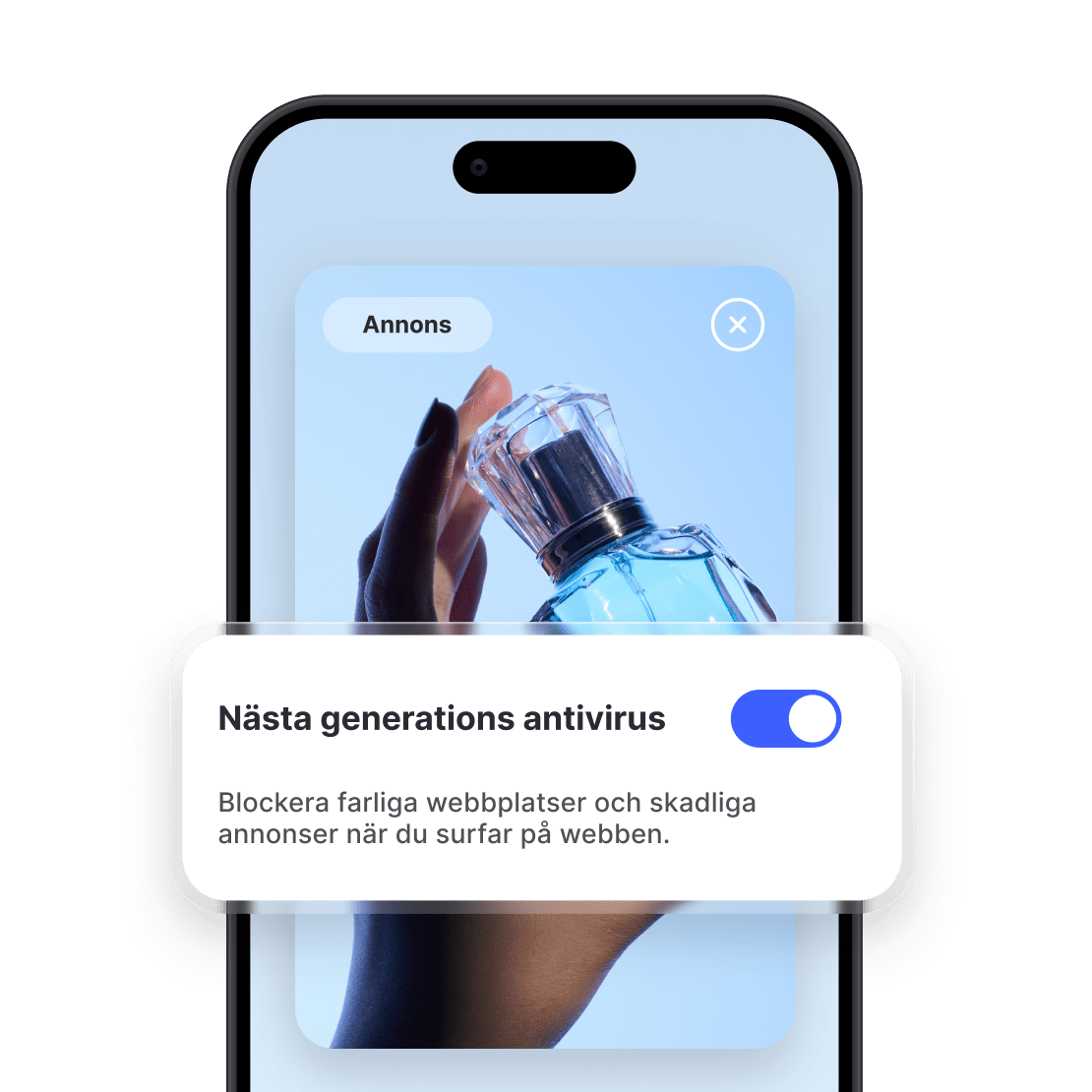 En smartphoneskärm som visar en parfymannons med NordVPN:s funktion för annonsblockering aktiverad.