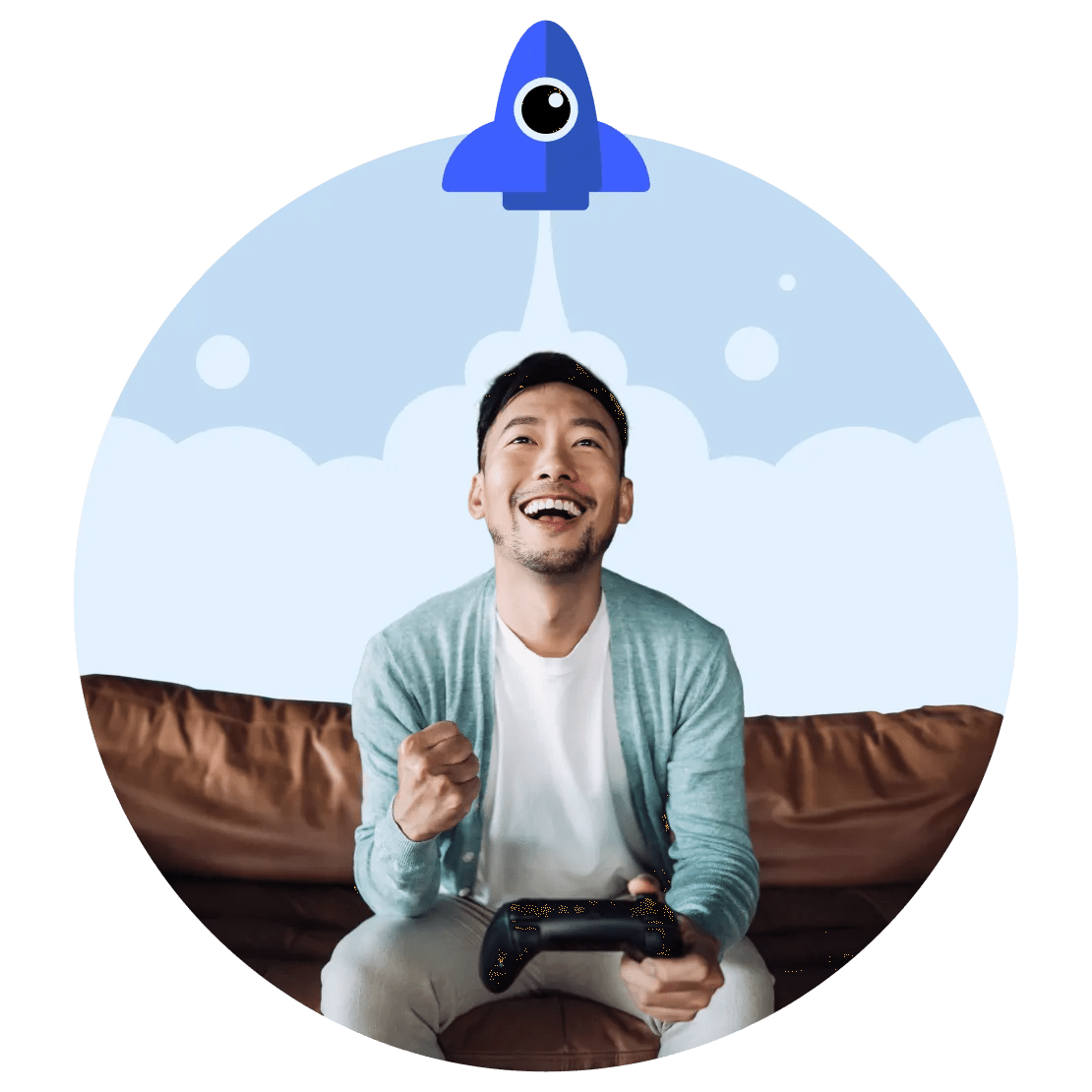 파란색 로켓이 하늘로 발사되는 배경을 뒤로 하고 Xbox로 게임을 하는 소파 위의 남성.