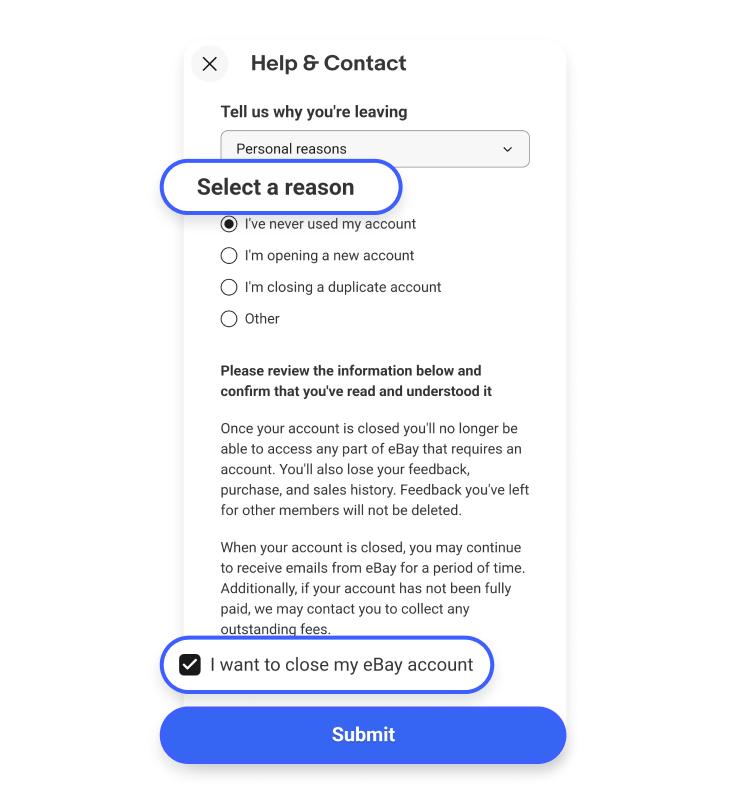closing eBay account on app submit
