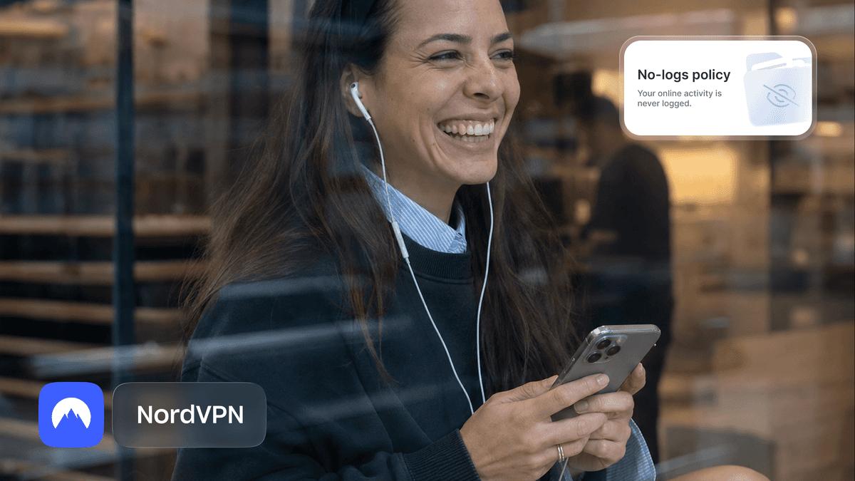 An illustrated person with a laptop beside a large number five, marking NordVPN's fifth no-logs audit.