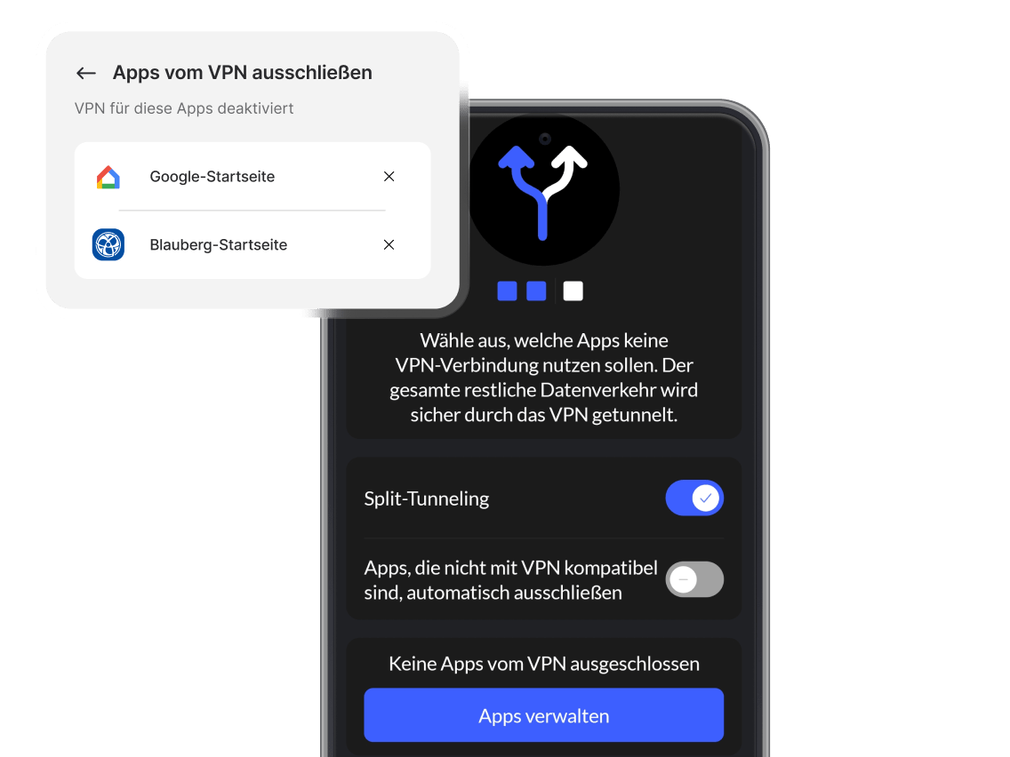 Ein Smartphone mit der NordVPN-App, bei der der Schalter für Split-Tunneling aktiviert ist.
