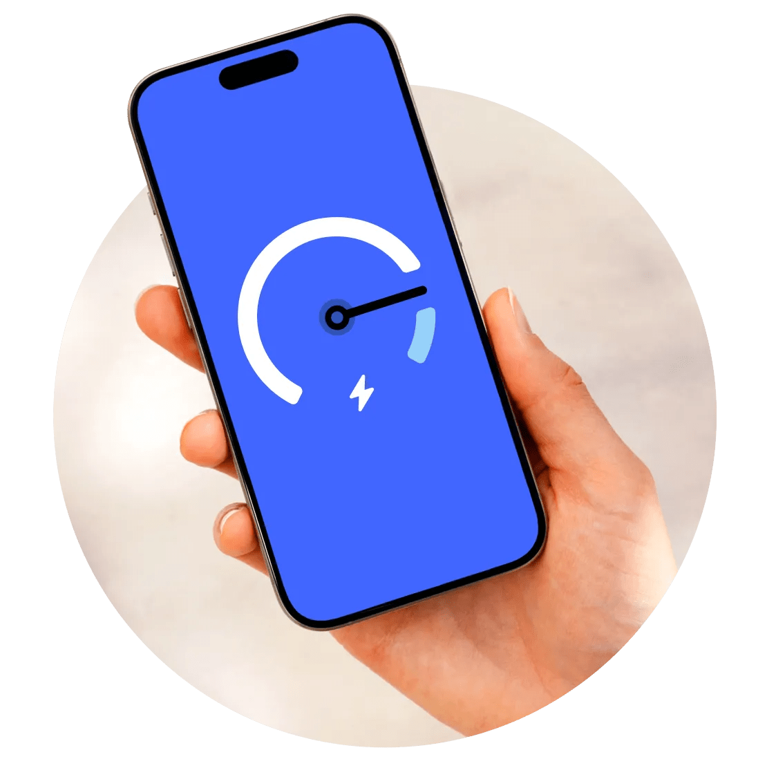 A hand holding a smartphone showing a blazing VPN connection speed.