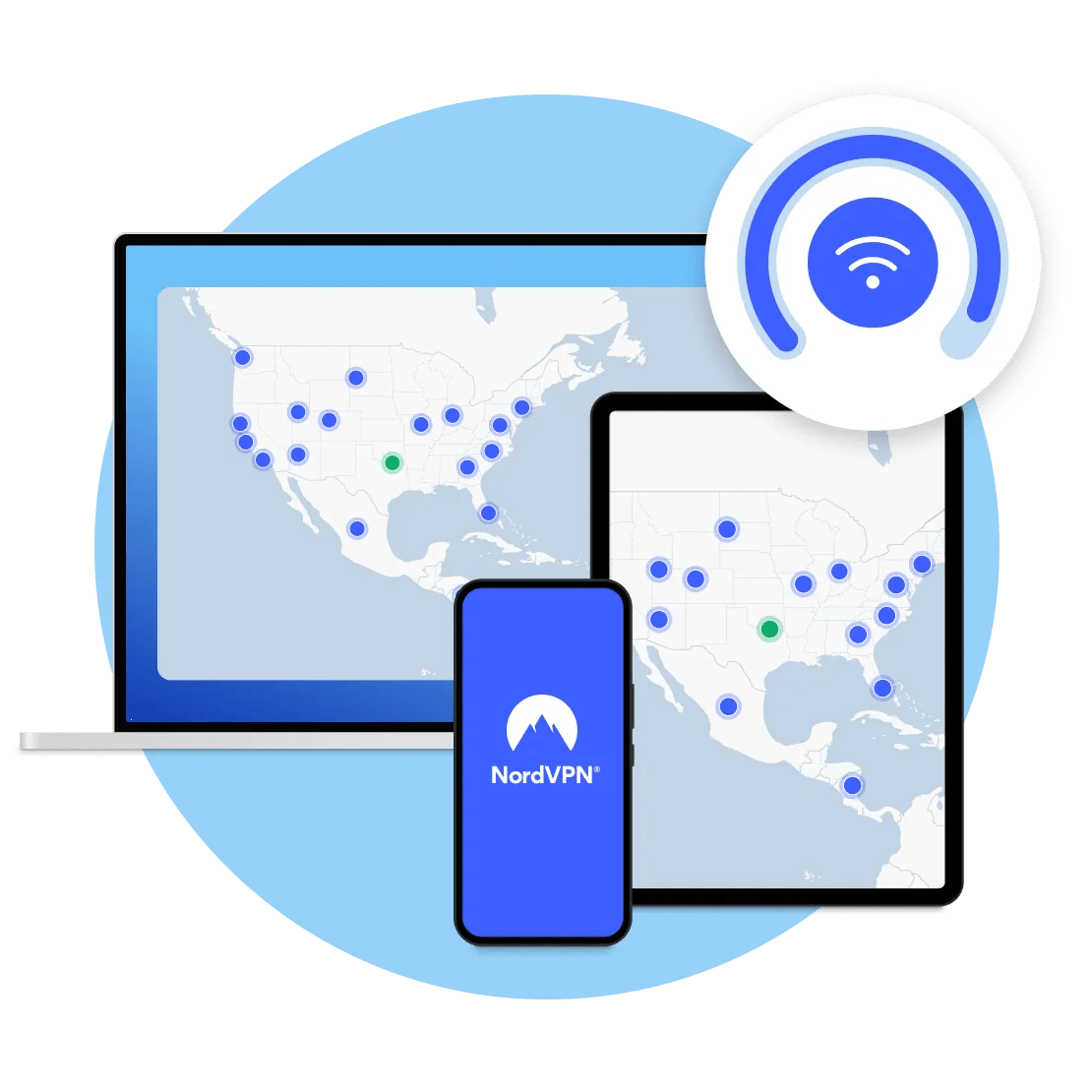 A NordVPN app that shows a VPN connection on various devices.