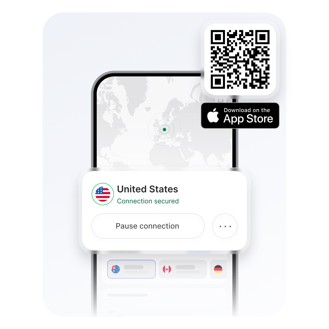 A smartphone and tablet screens showing a QR code to download a VPN for an iPhone