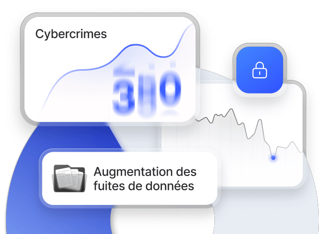 Tableau de bord de la cybercriminalité montrant l’augmentation des fuites de données et les tendances en matière de sécurité, à côté d’une icône de cadenas représentant la sécurité.