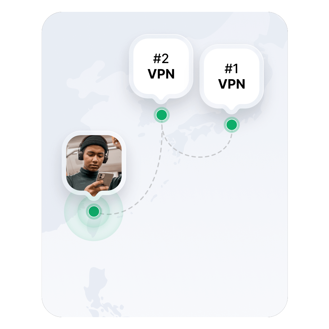 顯示兩個 VPN 伺服器位置的亞洲地圖。