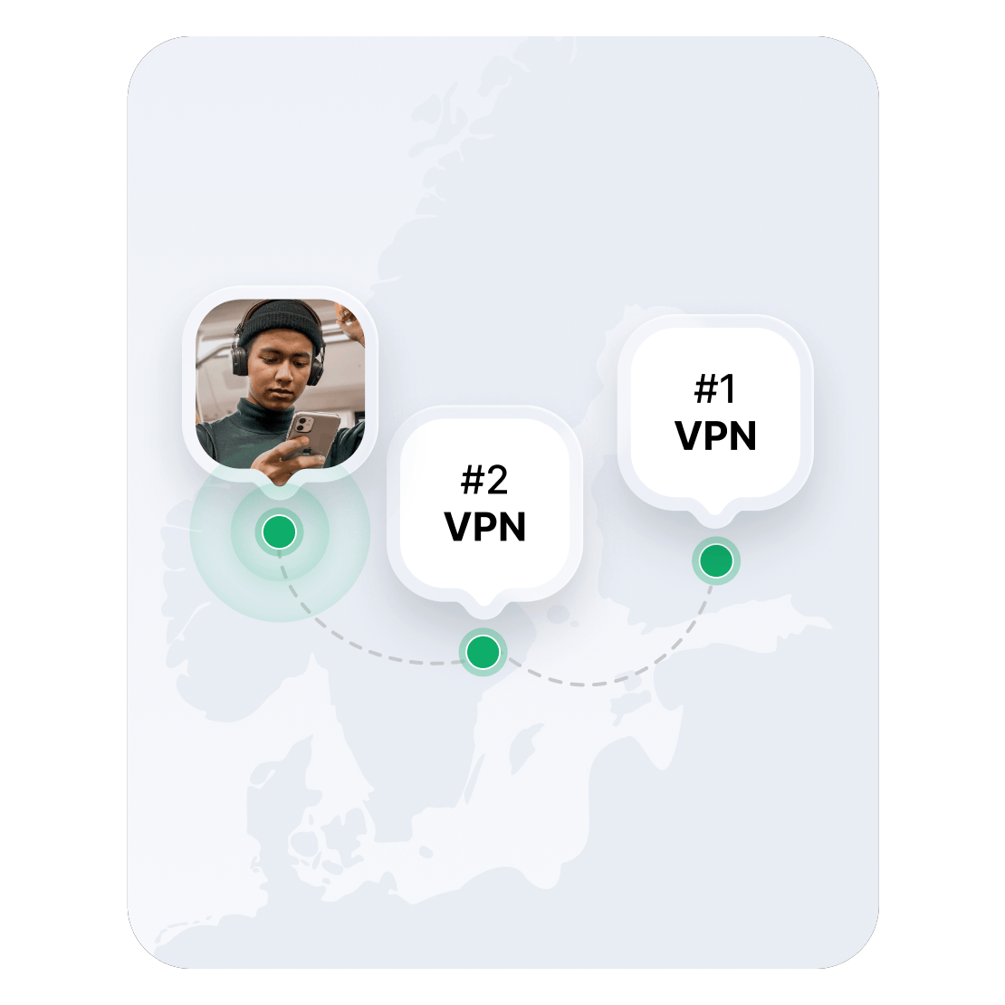 Et kart over Europa som viser to VPN-serversteder.