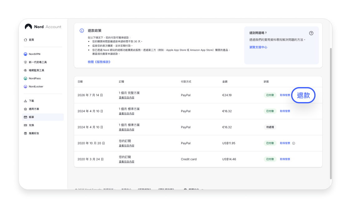 申請 NordVPN 退款 1
