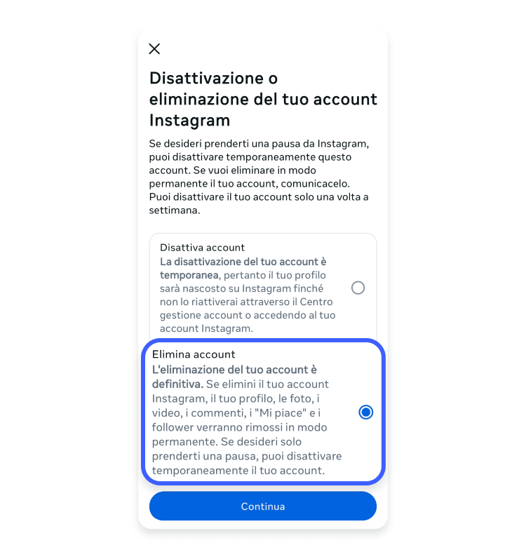 Screenshot Eliminare account Instagram cellulare #3