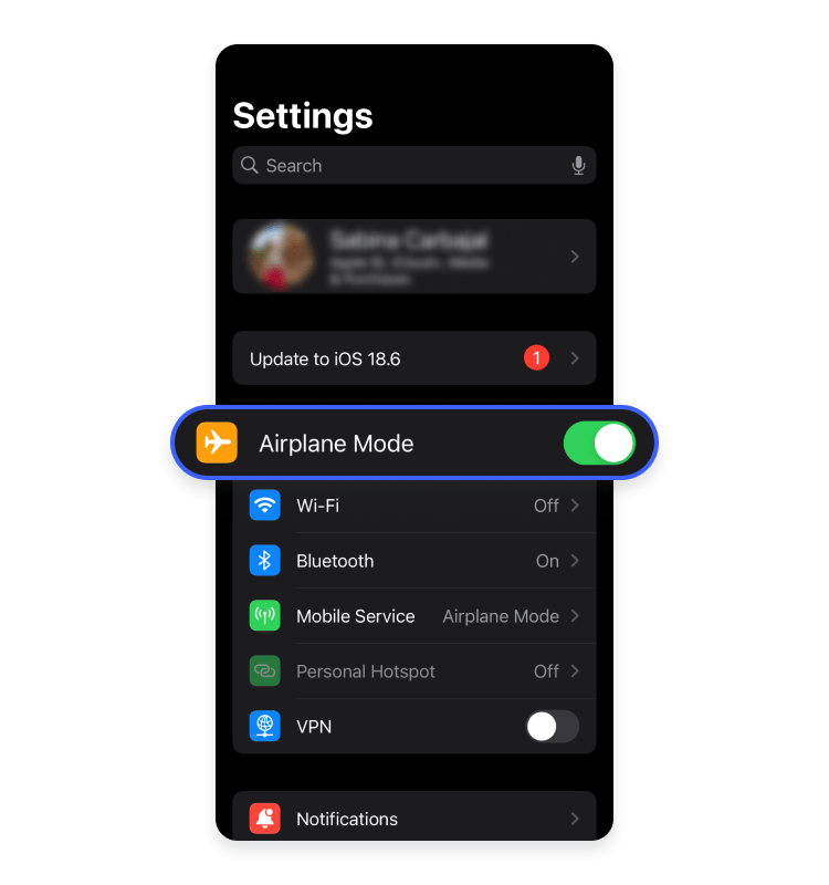 Turn on airplane mode on iPhone and iPad: Method 1