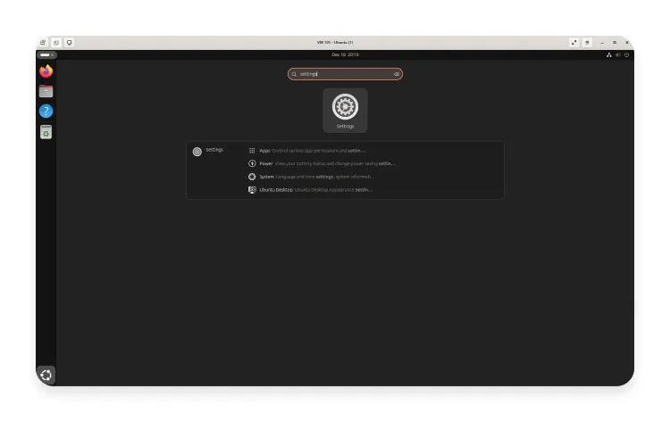 A search bar in a Linux desktop showing “settings” typed, with the “Settings” app listed as a search result.