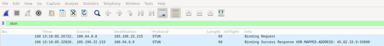 Wireshark capture of a STUN binding request and its success response.