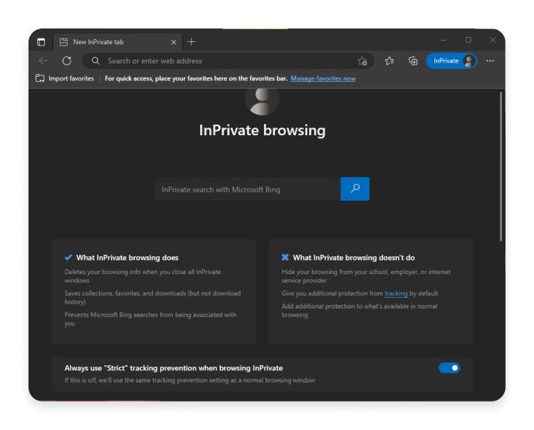 go incognito in edge: step 3 - start browsing
