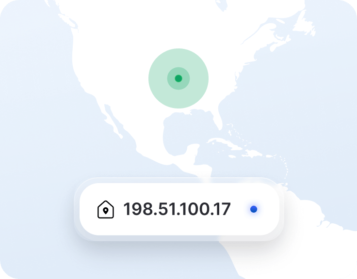 A VPN app fragment with a dedicated IP address, and a location marker on a US map.