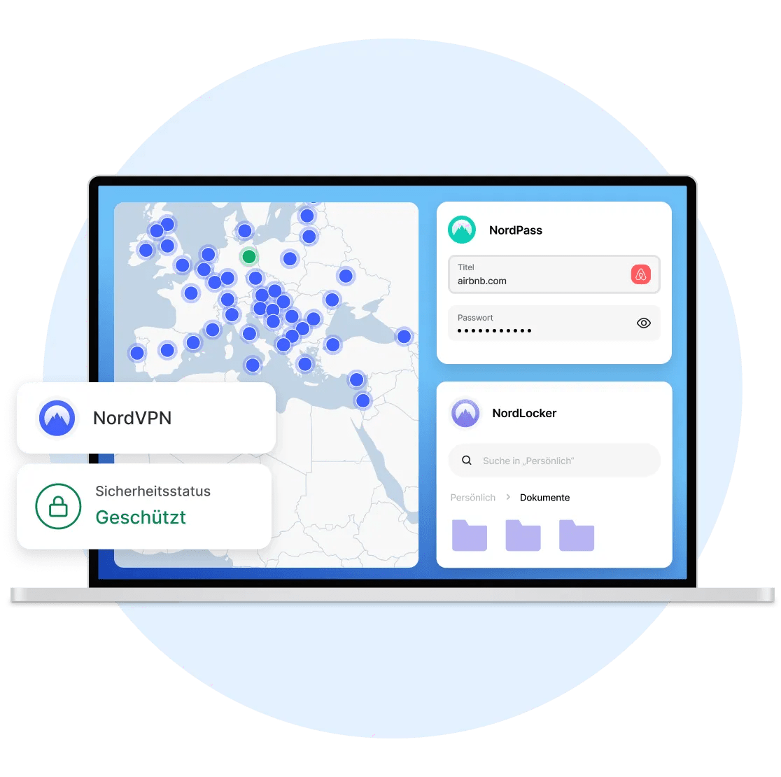 Ein Laptop-Bildschirm, auf dem NordVPN, NordPass und NordLocker installiert sind, die den Benutzer schützen.
