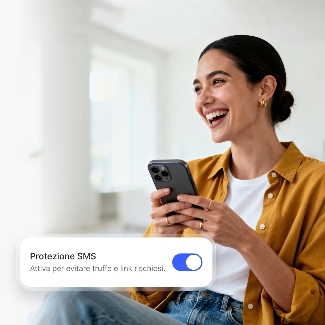 Una persona che usa la funzionalità Protezione SMS di NordVPN sul proprio smartphone per evitare truffe e link pericolosi.