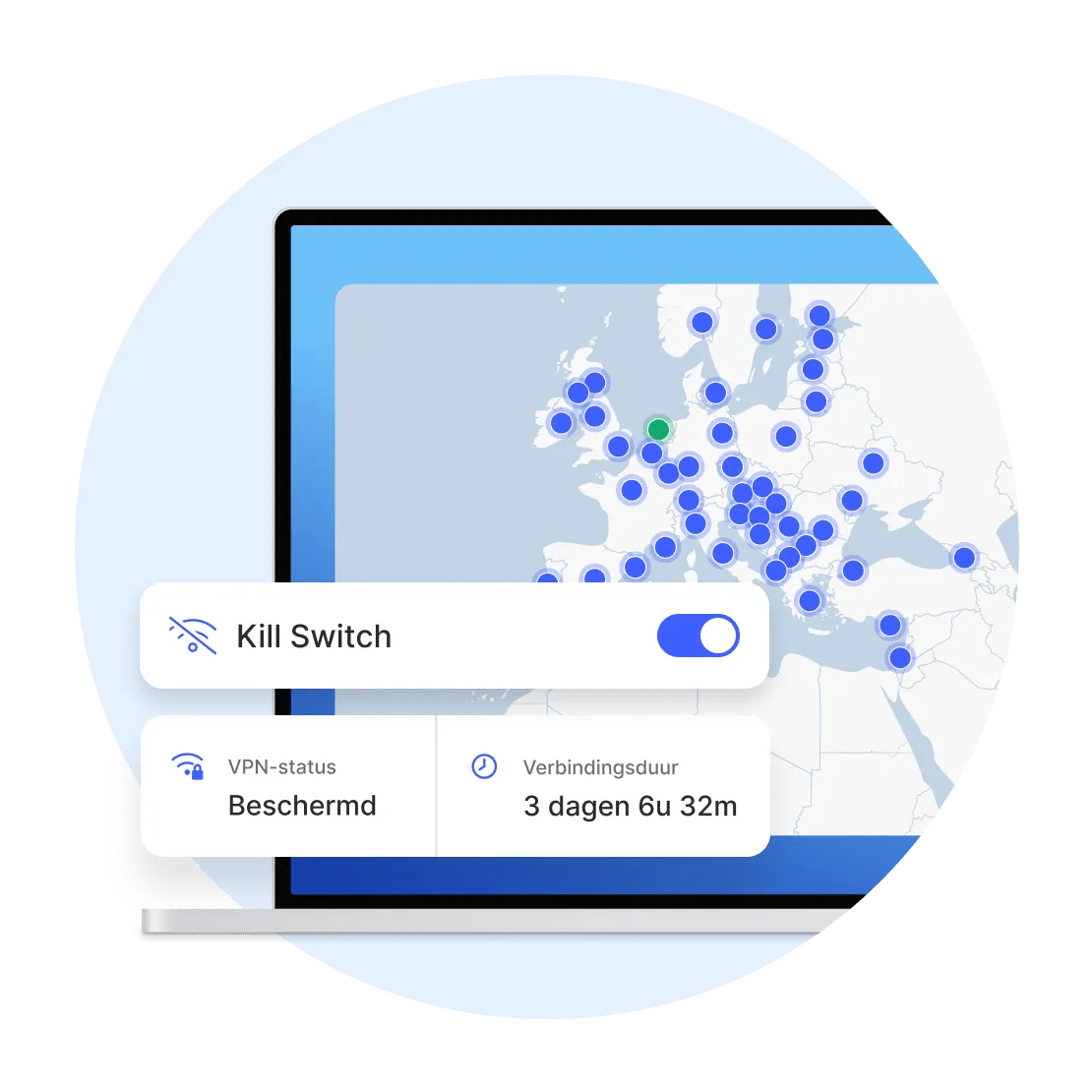 Een laptopscherm met een beveiligde verbinding met een VPN-server in Nederland die wordt beschermd door Kill Switch.