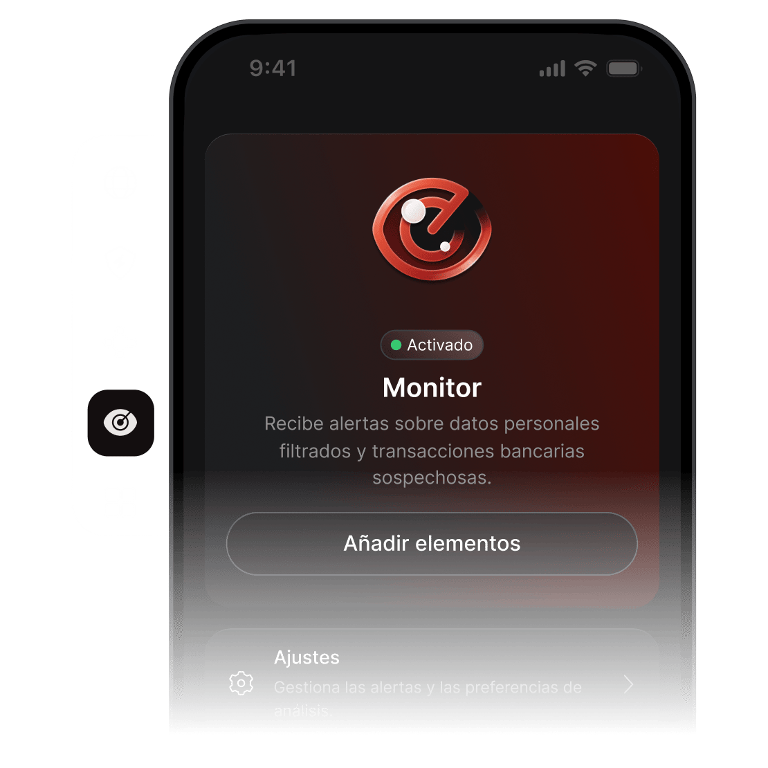 La pantalla de un móvil en la que se ve que la función de supervisión de NordVPN está activada y configurada para enviar alertas.
