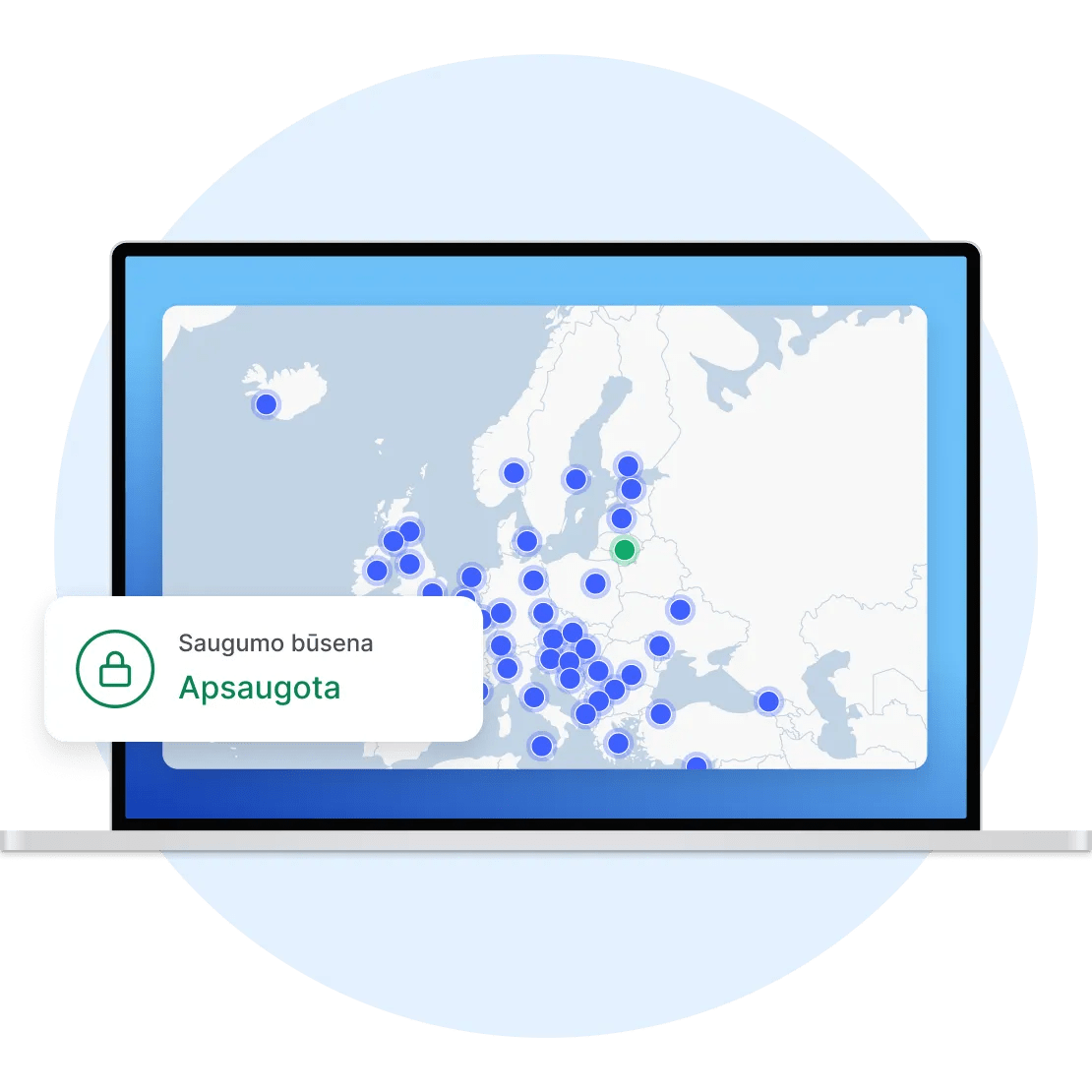 Nešiojamajame kompiuteryje rodomas „NordVPN“ serverių žemėlapis ir būsena „Saugumo būsena: apsaugota“.