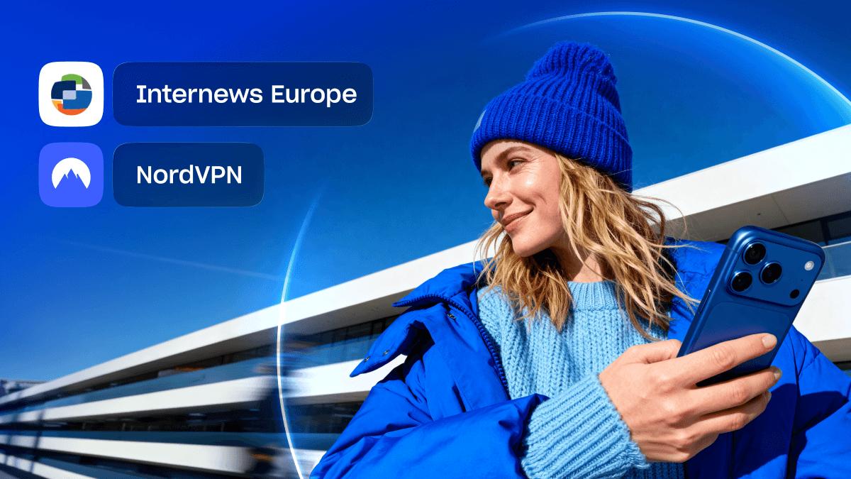 Internews and NordVPN partnership banner, with a person in a blue coat holding a phone.
