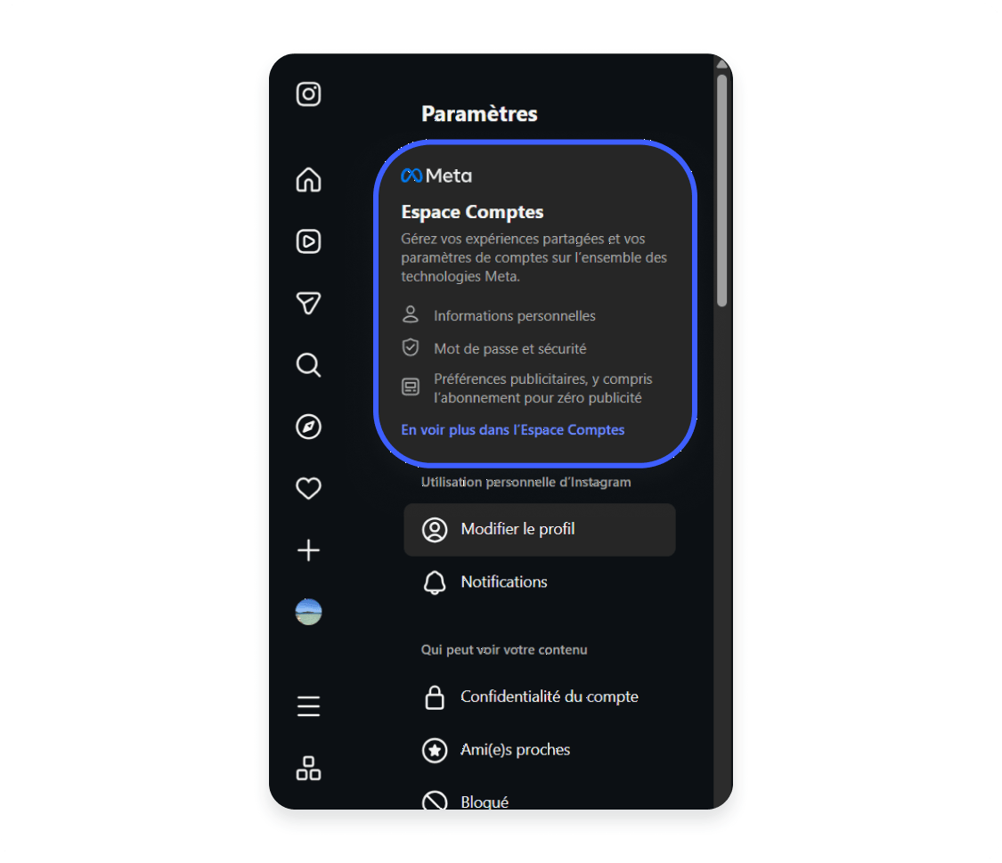 Suppression d&#39;un compte Instagram via un ordinateur : cliquer sur Espace comptes