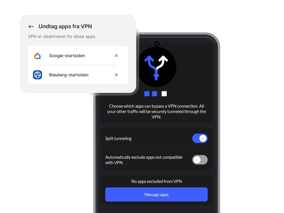 En smartphone med NordVPN-appen installeret og split tunneling slået til.