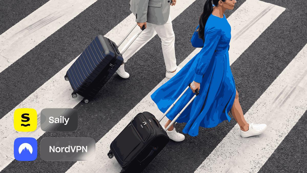 An illustrated traveler with a suitcase at an airport gate, beside payment card, location, and ID icons.