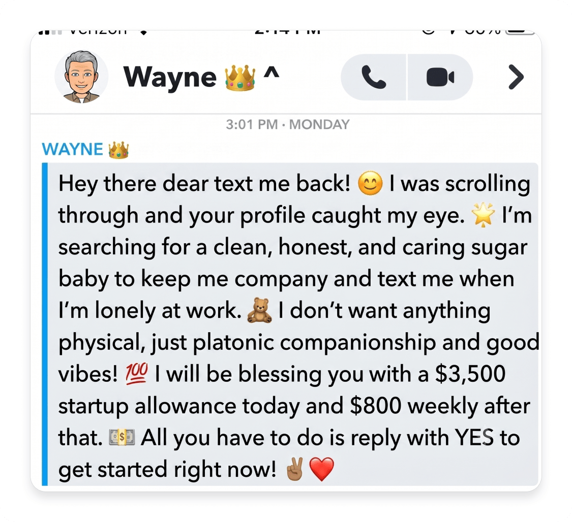 A Snapchat message from a scammer posing as a sugar daddy, offering money and a weekly allowance to a target.
