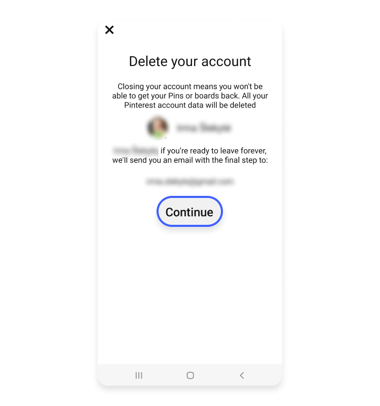 delete pinterest android continue