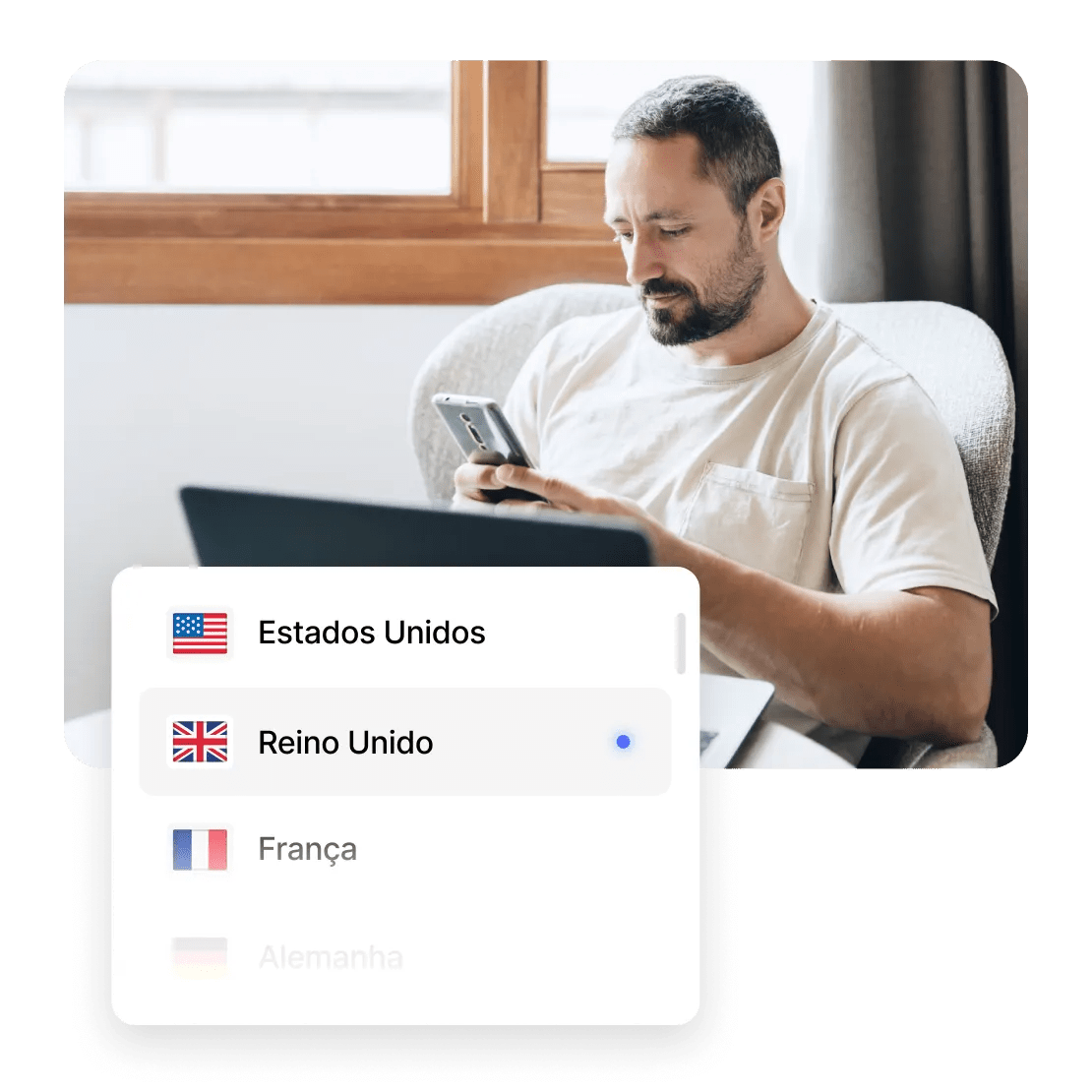 Um homem a navegar pelas notícias ligado a um servidor VPN no Reino Unido.