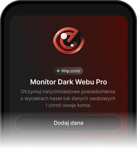 Interfejs Monitora Dark Webu Pro pokazujący, że funkcja jest aktywna i skonfigurowana do wysyłania powiadomień o wycieku danych osobowych.