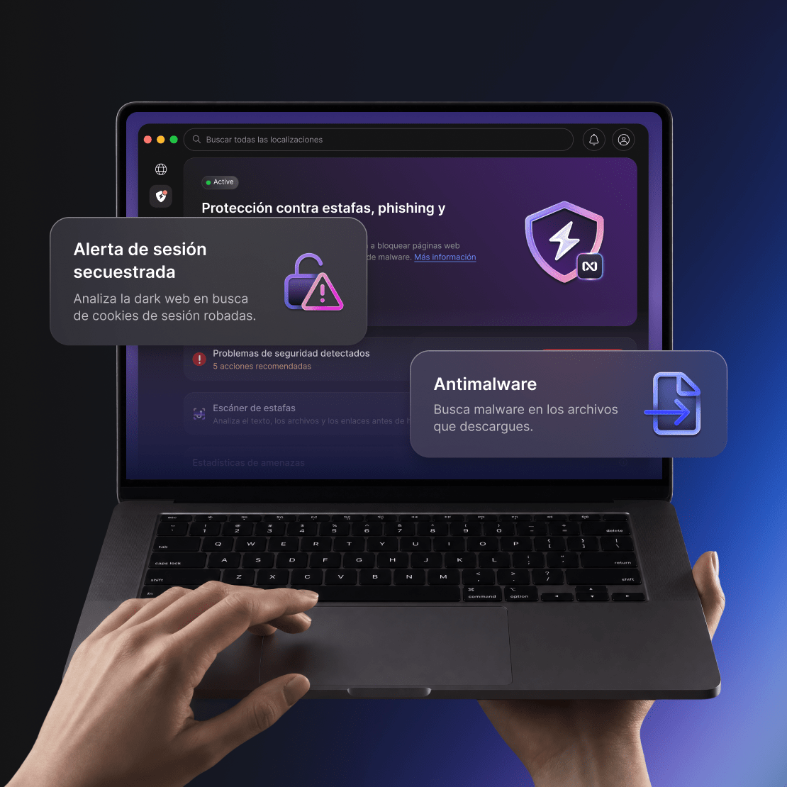 Una persona sostiene una laptop en la que se muestran en la pantalla el panel de control de seguridad del antivirus de última generación, una sesión secuestrada y notificaciones antimalware.