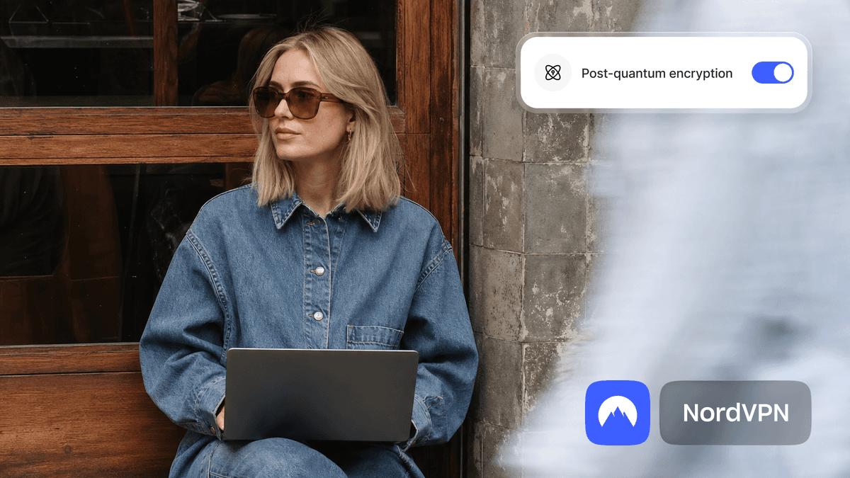 Woman in denim uses a laptop outdoors with NordVPN's Post-quantum encryption toggle overlaid.