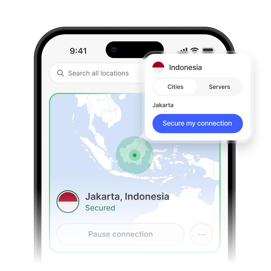 Aplikasi NordVPN menampilkan koneksi aman dan daftar server di Indonesia.