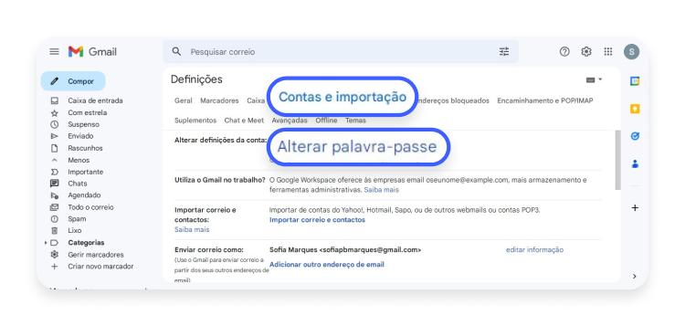 Clique na aba Contas e importação e selecione Alterar palavra-passe