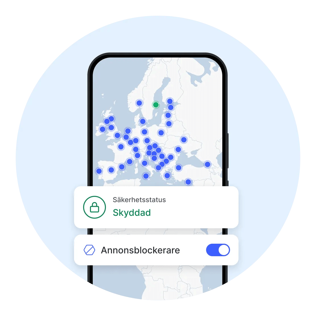 En NordVPN-mobilapp med en annonsblockerare aktiverad.